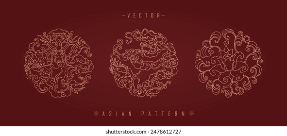 A vector illustration set of three traditional Chinese decorative patterns with floral elements