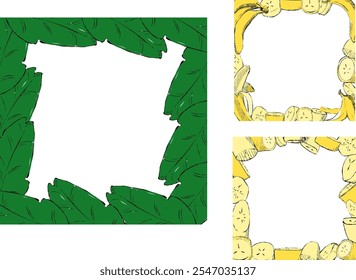 Ilustración vectorial. Conjunto de tres marcos tropicales con hojas y plátanos. Ilustración gráfica de dibujos animados. Lugar para su texto. Fondo blanco aislado. Idea para tu tarjeta y póster
