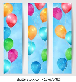 Vector illustration set of three vertical web banners with balloons flying in the air