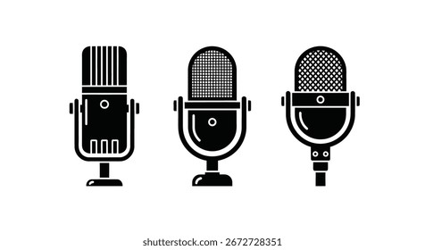 Ilustración vectorial de conjunto de tres iconos de micrófono vintage