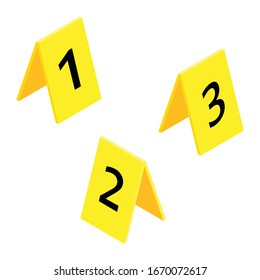 Vector illustration set of three yellow marker of crime scene with numbers 1,2,3. Evidence marker.