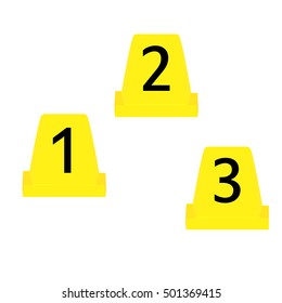 Vector illustration set of three yellow marker of crime scene with numbers 1,2,3. Evidence marker.