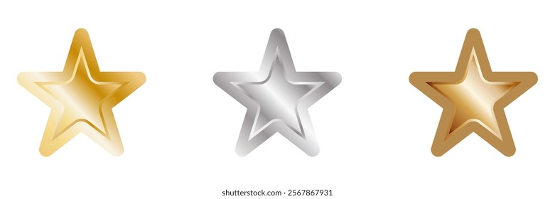 Vector illustration set of three-dimensional shiny stars in gold and silver copper colors