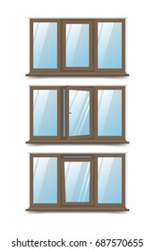 Vector illustration of a set of three-winged windows with an example of opening