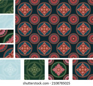 Vector illustration set of tibetan print seamless art pattern seamless mandala pattern with red lotus flower. blue background