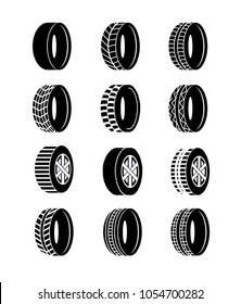 Vector illustration set of tire and wheels black color icons on white background. Different wheel tyre symbols and logos collection.