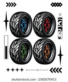 vector illustration set tires with many colour white background