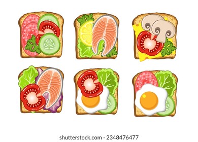 Vector illustration set of toast with meat, fish, mushrooms, vegetables and lettuce. Healthy food for breakfast