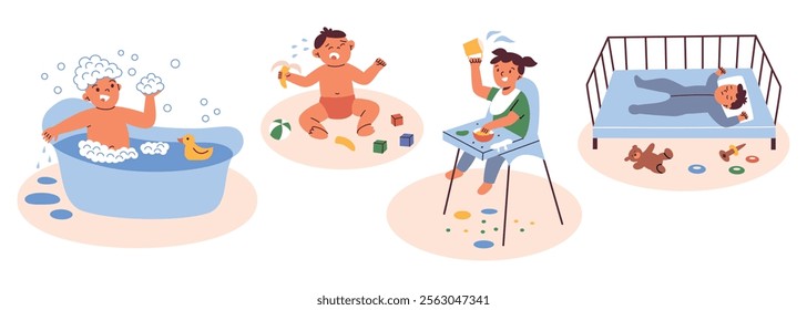 Vector illustration set of toddler daily routines. Bathing, eating, sleeping scenes, baby crying and playing. Flat cartoon compositions, bright colors, collection for parenting and childhood themes