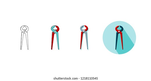 Vector illustration set of tool cutting pliers in four styles. Icons of nippers on turquoise background with shadow, line icon, line and color drawing, object with shadow in red, gray and black. 