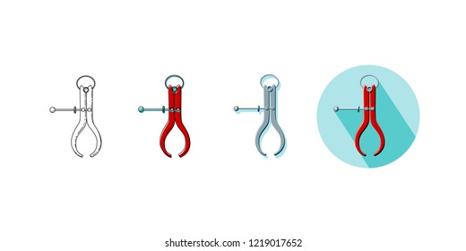 Vector illustration set of tool outside caliper in four styles. Icons of caliper on turquoise background with shadow, line icon, line and color drawing, object with shadow in red, gray and black.
