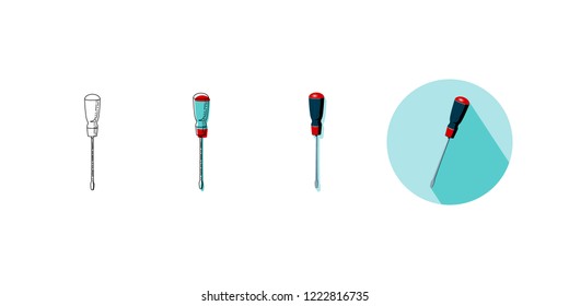 Vector illustration set of tool screwdriver in four styles. Icons of screwdriver on turquoise background with shadow, line icon, line and color drawing, object with shadow in red, gray and black. 
