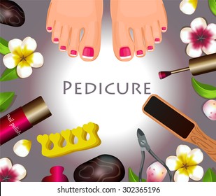 Vector illustration of a set of tools for pedicure and women's legs or feet with pink nail