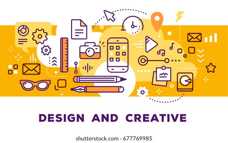 Vector illustration of set of tools, phone, objects and icons. Design and creative concept on yellow background with title. Thin line art flat style design for web, site, banner, business presentation