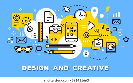 Vector illustration of set of tools, phone, objects and icons. Design and creative concept on blue background with title. Thin line art flat style design for web, site, banner, business presentation