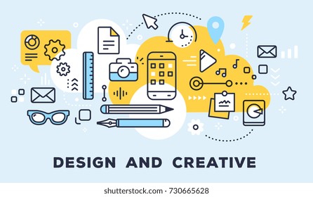 Vector illustration of set of tools, phone, objects and icons. Design and creative concept on blue background with title. Thin line art flat style design for web, site, banner, business presentation