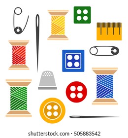 Vector illustration of a set of tools for sewing and needlework spool thread needle button pin and more. Color illustration with black outline isolated for a tailor and a seamstress