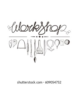 Vector illustration, set of tools for working with clay on the potter's wheel, sculpture tools. Pottery workshop, inscription, lettering design. Hand-drawn sketches, doodle, isolated.