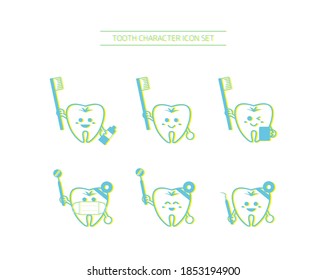 Vector illustration set of tooth characters. Caries. Orthodontics