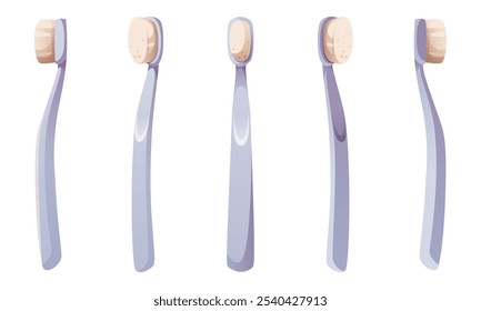 Vector illustration of a set of toothbrushes for cleaning teeth in different positions. Tools for cleaning teeth. Manual equipment for dental hygiene. Dental care, oral hygiene.