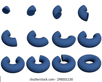 Vector illustration set of a torus. Stepwise formation. Animation. 3D. Polygon. Isolated. EPS 8.