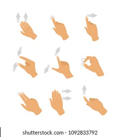 Vector illustration set of touch screen hand gestures with grey color arrows showing direction of movement of fingers isolated on white background in flat style.