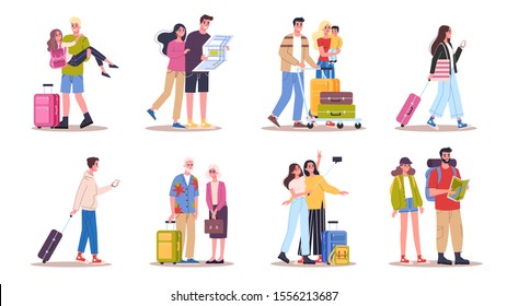 Vector illustration set of tourist with laggage and handbag. Family trip, businessman with a suitcase. Isolated collection of characters on their journey, family vacation or business trip