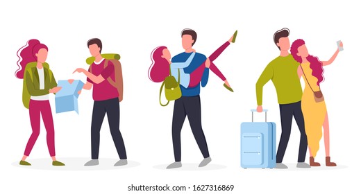 Vector illustration set of tourist with laggage and handbag. Family trip, holidays with friends. Isolated collection of characters on their journey, family vacation. Traveling and tourism concept