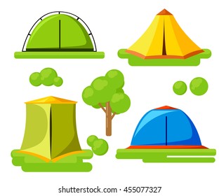 Vector illustration set of tourist tents. The most necessary for a campaign. Hiking and camping tent vector icons. Wild nature camp isolated on white background.