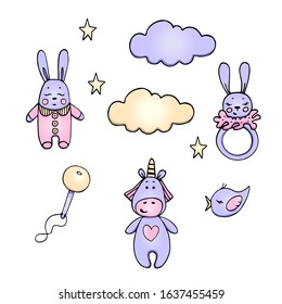 Vector illustration. Set of toys for kids in purple colors, unicorn, Bunny, rattle, cloud. Cute bright collection of stickers. The decor, the logo is hand made.