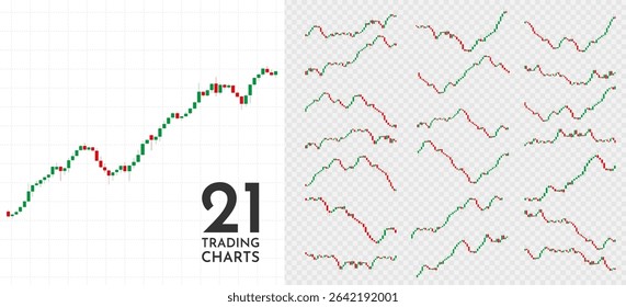 Vector illustration. Set of trading charts and graphs. Element for design poster, gift card, advertising, social media, business card. Stock market or crypto concept. Global financial system