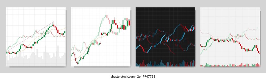 Vector illustration. Set of trading charts and graphs background. Stock market or crypto concept. Global financial system. Trendy color design elements for social media template, web banner, blog post