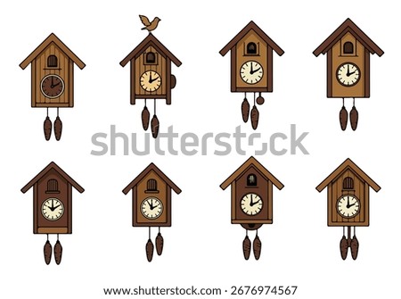 Vector illustration set of traditional cuckoo clocks, depicting various wooden designs with pendulums and bird details, isolated on a clean white background.