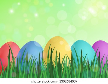 Vector illustration of a set of traditional Easter eggs among the grass on a sunny day. Festive easter concept.
