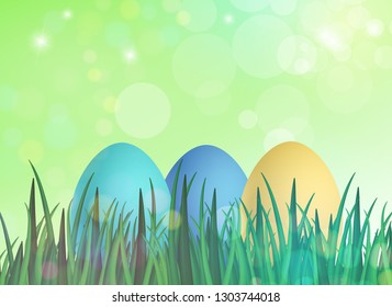 Vector illustration of a set of traditional Easter eggs among the grass on a sunny day. Festive easter concept.