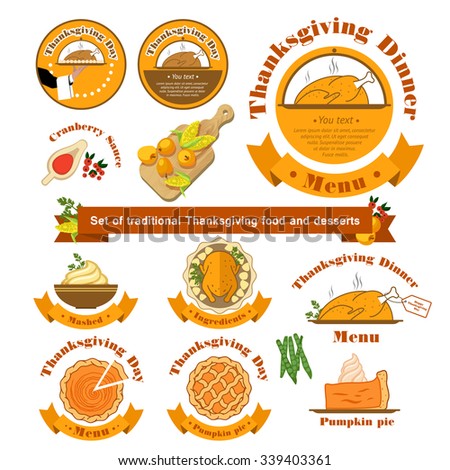 Vector illustration. Set with a traditional food on Thanksgiving Day on isolated background.