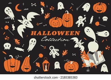 Vector illustration set of traditional Halloween decorations. Fall celebration leaflet. Cute Halloween characters