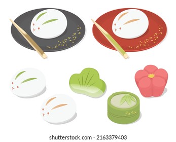 Vector illustration set of traditional Japanese sweets - Wagashi - in the shape of rabbits, pine, bamboo and Japanese apricot blossom. Japanese style plate and toothpick used for cutting sweets.