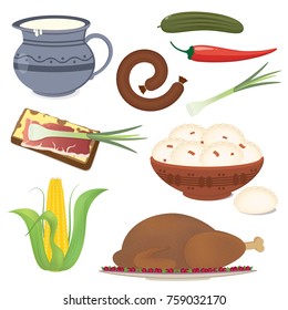 Vector illustration. Set of traditional Ukrainian tasty food 
