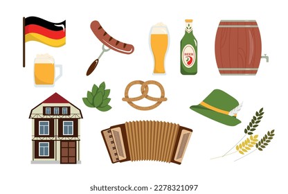 Vector illustration set of traditions and culture items of Germany. Munich symbols, flag , beer in barrel, sausage on a fork, pretzel. Set of Oktoberfest, German festival in cartoon style.