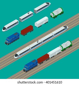vector illustration. Set train icons. Passenger fast train, the locomotive, boxcar, container, tank. isometric, infographic.