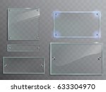 Vector illustration set of transparent glass plates, panels with metal accessories isolated on translucent background