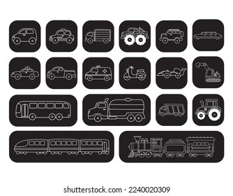 Vector illustration set of transportation vehicle car and trains icons with white lines on dark background