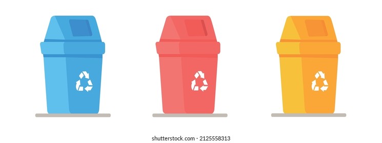 Ilustración vectorial de un conjunto de botes de basura. Reciclando la recolección de la separación de basura y el reciclado aislados en fondo blanco. Basura en latas de basura con iconos ordenados de basura.