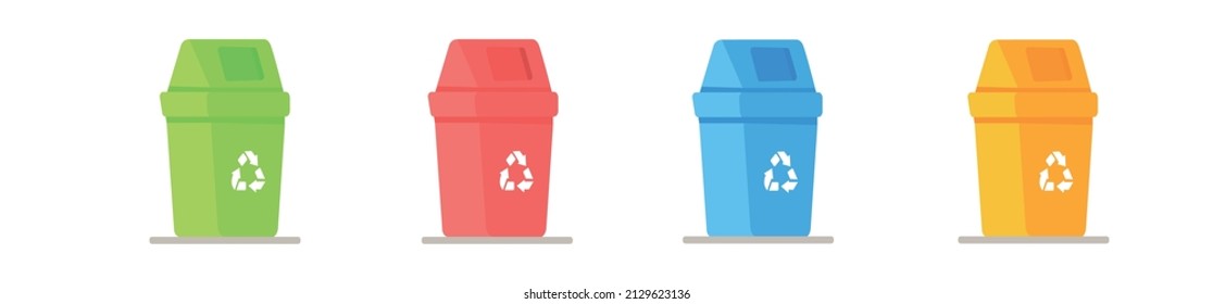 Vector illustration of a set of trash cans. Recycling garbage separation collection and recycling isolated on white background. Garbage in trash cans with sorted trash icons.