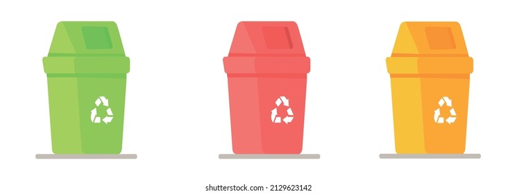 Vector illustration of a set of trash cans. Recycling garbage separation collection and recycling isolated on white background. Garbage in trash cans with sorted trash icons.
