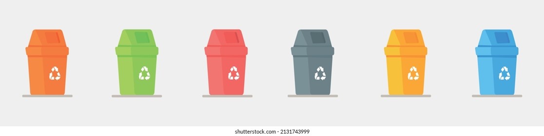 Vector illustration of a set of trash cans. Recycling garbage separation collection and recycling isolated on white background. Garbage in trash cans with sorted trash icons.