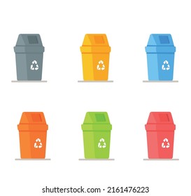 Vector illustration of a set of trash cans. Recycling garbage separation collection and recycling isolated on white background. Garbage in trash cans with sorted trash icons.