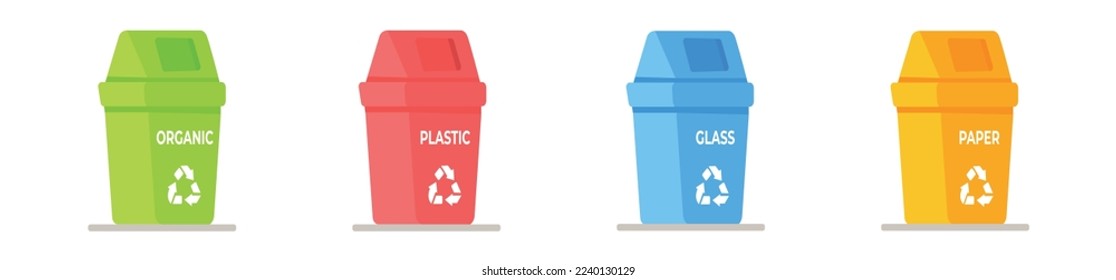 Vector illustration of a set of trash cans. Recycling garbage separation collection and recycling isolated on white background. Garbage in trash cans with sorted trash icons.