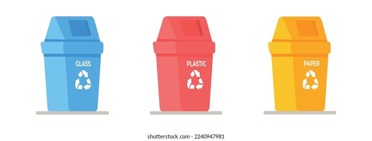 Vector illustration of a set of trash cans. Recycling garbage separation collection and recycling isolated on white background. Garbage in trash cans with sorted trash icons.